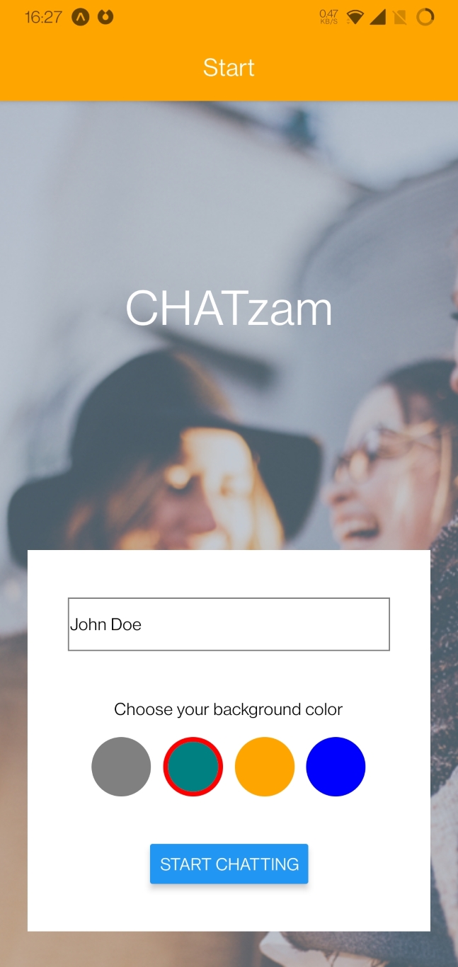Screenshot of the CHATzam app start screen.